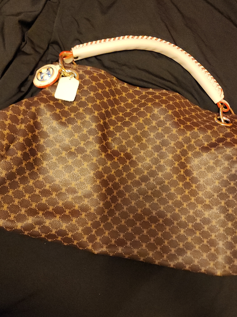 Women's Brown Monogram Pattern Satchel with White Handle